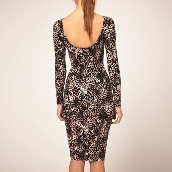 NWT Asos Midi Bodycon Dress Leopard Animal Black Print Sexy Fitted Stretch XS - Picture 2 of 10